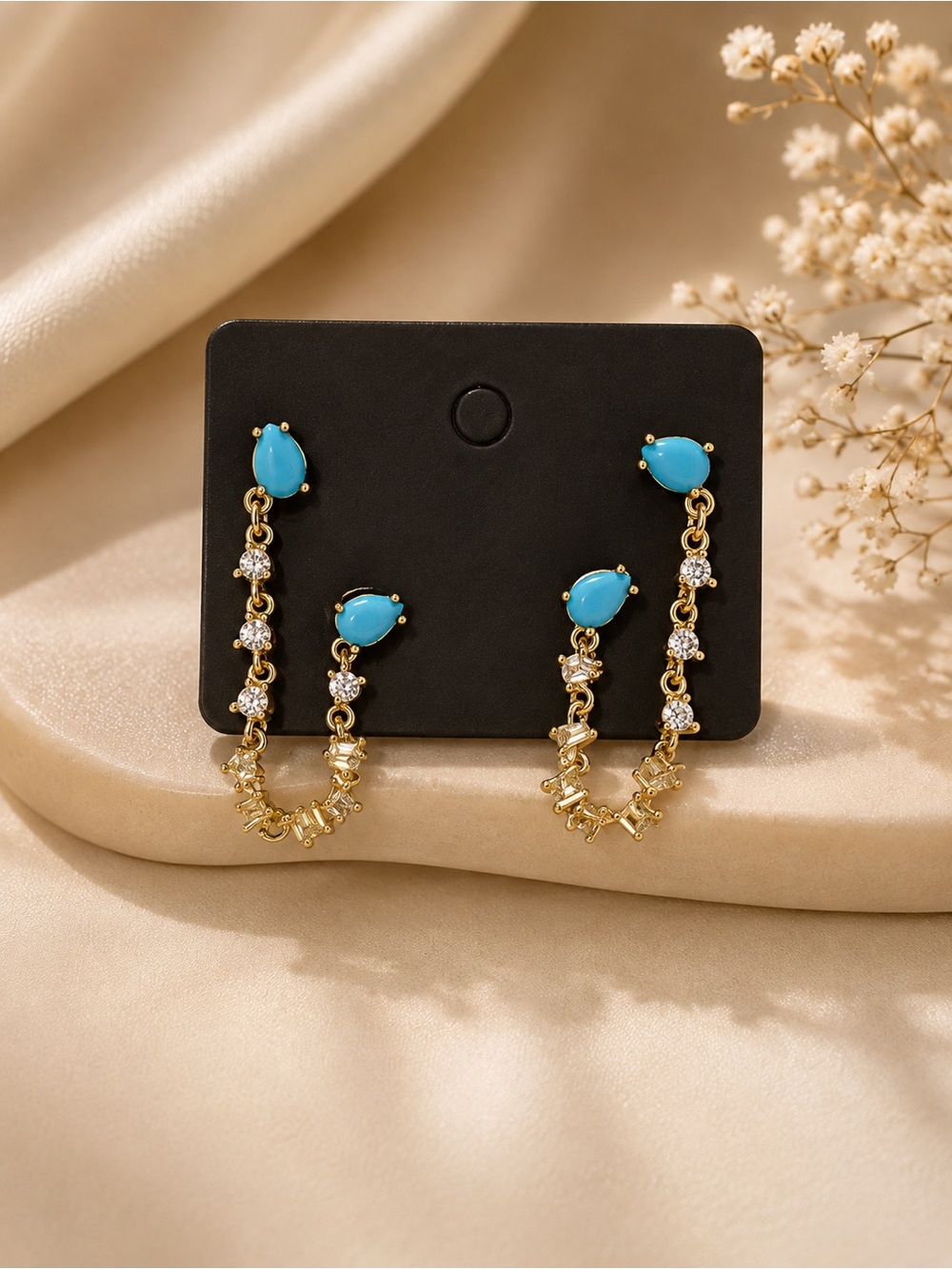 Gold Chain Drop Earrings with Turquoise Teardrops